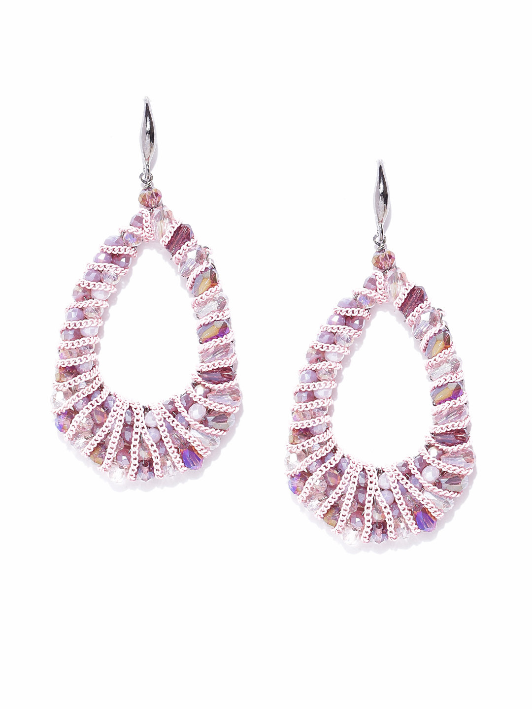 YouBella Silver-Toned  Pink Beaded Teardrop Shaped Drop Earrings